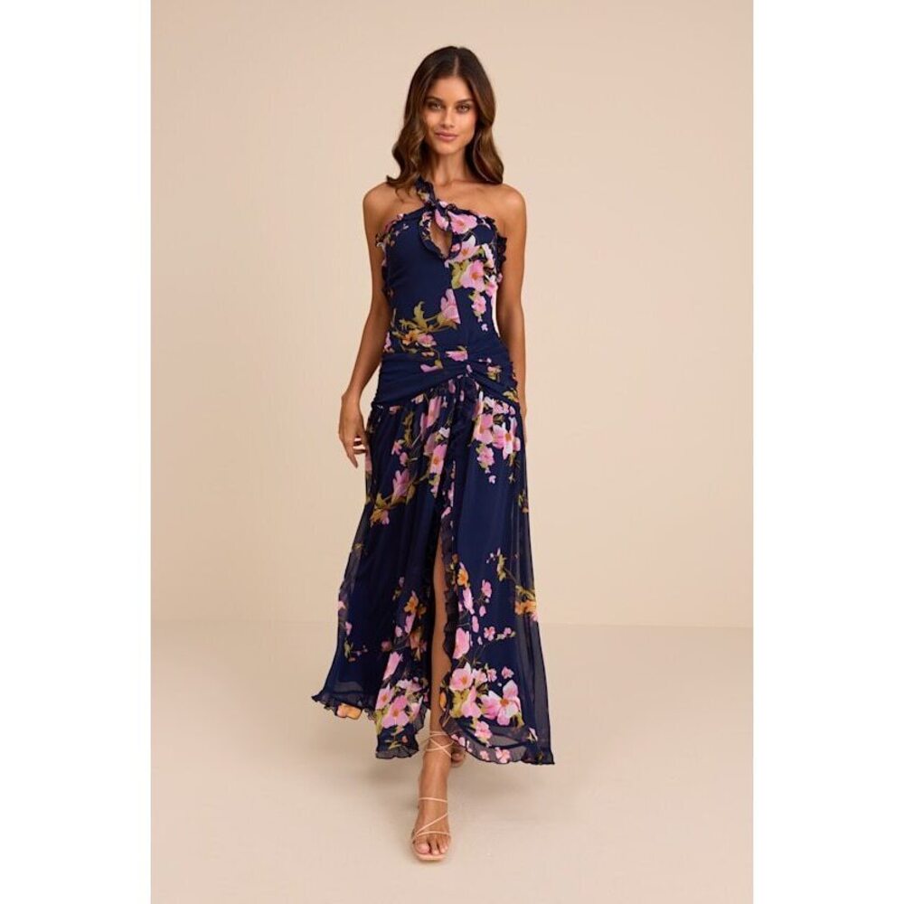 Lulus Alayda Navy Blue Floral Asymmetrical Ruffled Maxi Dress - Size M